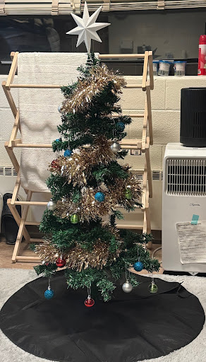 A tree made from Five Below products that fits nicely in a college dorm room. 