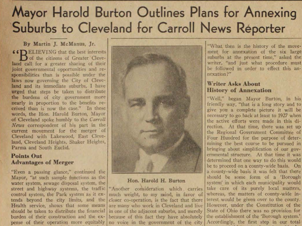 "News Section" of The Carroll News of Jan. 19, 1938 headlined by an interview with Cleveland Mayor Harold Burton. 