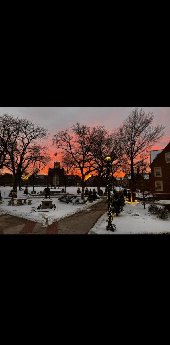 JCU campus during a night filled with snow and cold weather. 