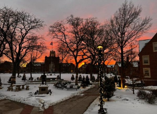 JCU campus during a night filled with snow and cold weather. 