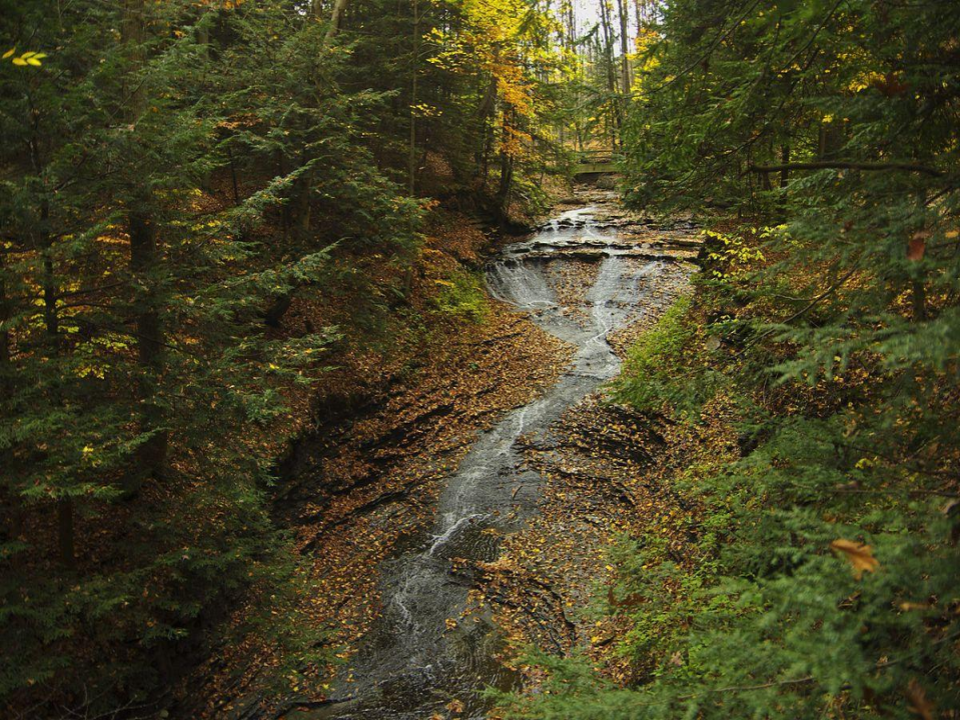 A waterfall flows through an autumn forest in The Cuyahoga Valley National Park.
