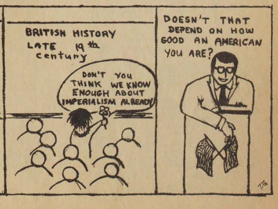 Political cartoon critiquing universities  discussing past imperialism when the United States was fighting in Vietnam