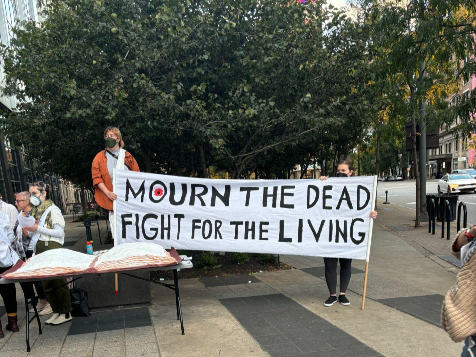 Jewish Voices For Peace (JVP) Protesters with signs outside the County Headquarters on Oct. 8, 2024