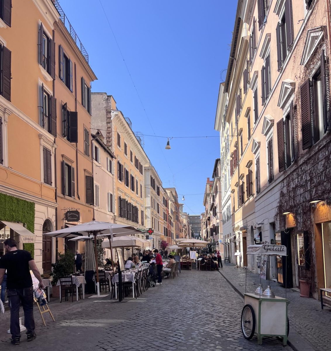 A street in Rome lined with many shops and restaurants. 