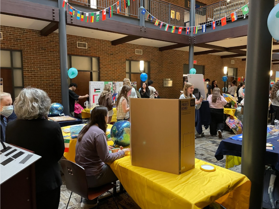 Students gather in the O'Malley Atrium for the International Fest.