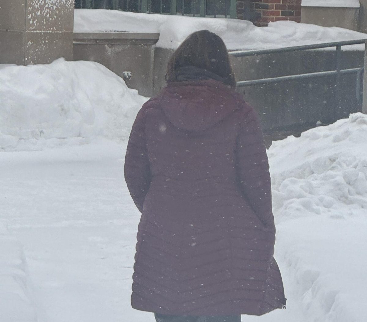 A student walking to the Student Center during a blizzard.